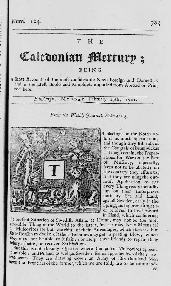 Front page of the Caledonian Mercury from 13 February 1721